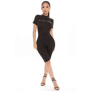 Fashion Nova Seamless Romper XS Black Biker Short Short Sleeve Zip Back Stretch
